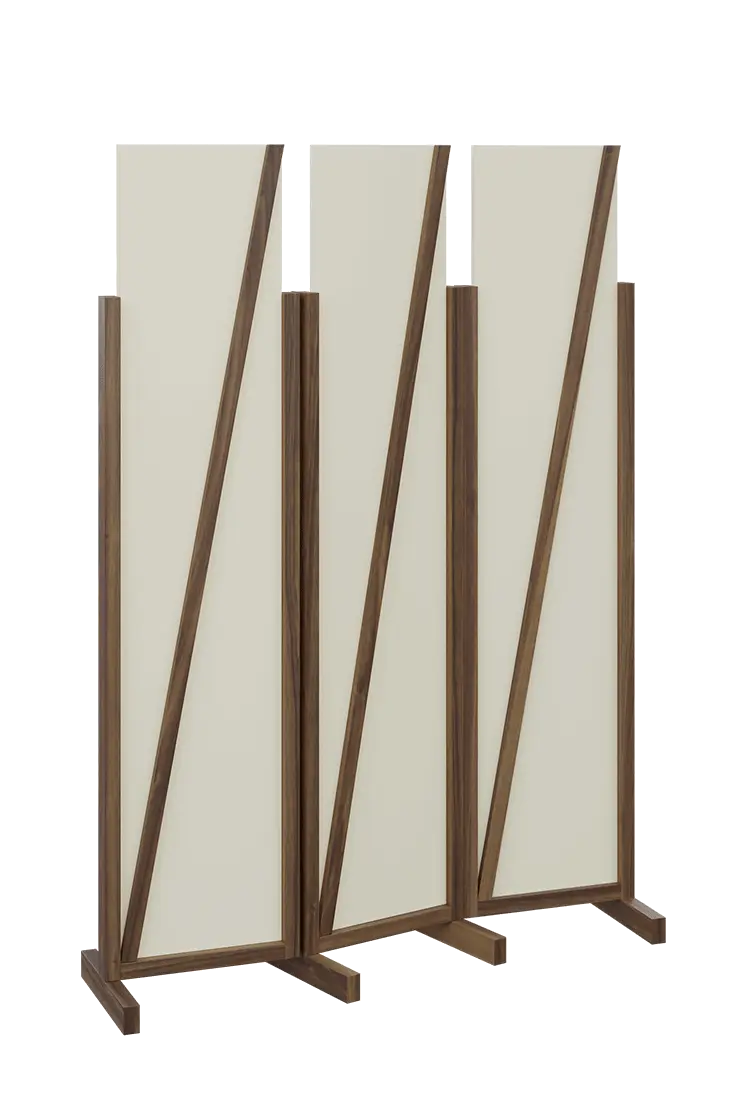 ATMOSFERE LINE 219, dřevěný 3-dílný paraván, mobilní, výška 1900 mm, rám ořech královský, výplň smetanová