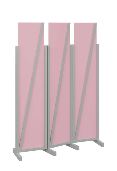 ATMOSFERE LINE 219, dřevěný 3-dílný paraván, mobilní, výška 1900 mm, rám šedá, výplň pastelově růžová