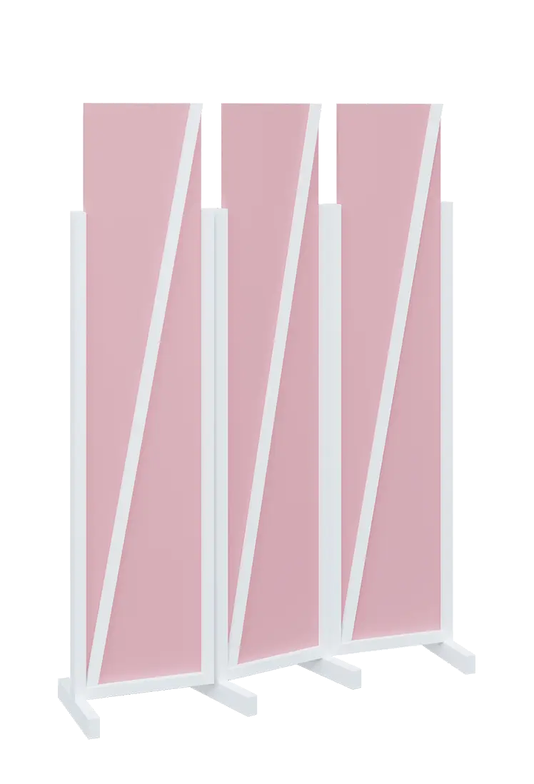ATMOSFERE LINE 219, dřevěný 3-dílný paraván, mobilní, výška 1900 mm, rám bílá, výplň pastelově růžová