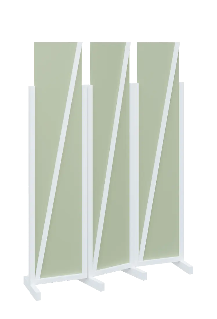 ATMOSFERE LINE 219, dřevěný 3-dílný paraván, mobilní, výška 1900 mm, rám bílá, výplň šedo-zelinkavá
