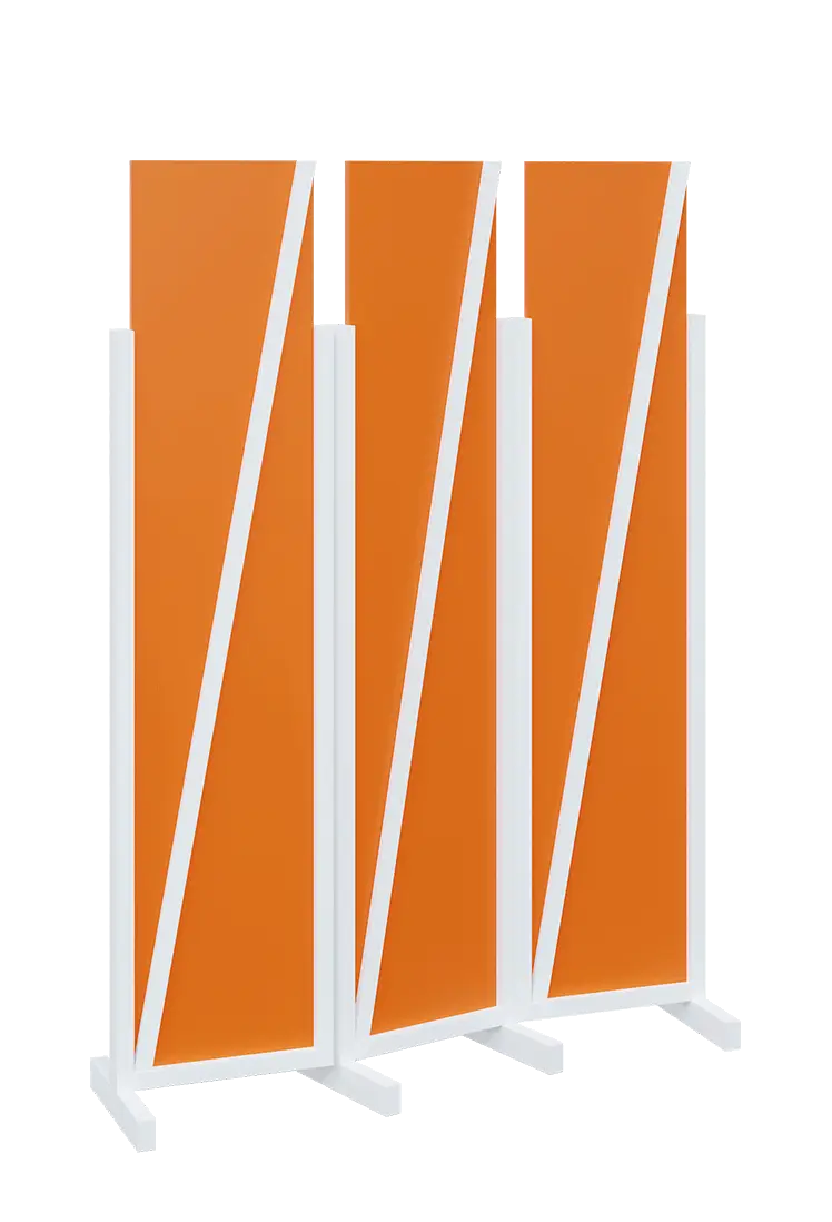 ATMOSFERE LINE 219, dřevěný 3-dílný paraván, mobilní, výška 1900 mm, rám bílá, výplň pomeranč