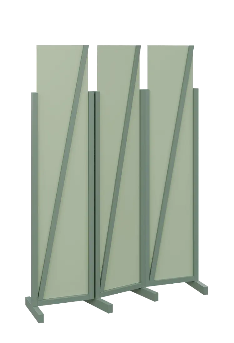 ATMOSFERE LINE 219, dřevěný 3-dílný paraván, mobilní, výška 1900 mm, rám industrial green, výplň pistáciově zelená