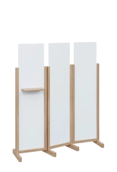 ATMOSFERE LINE 316, dřevěný 3-dílný paraván, mobilní, výška 1600 mm, rám dub bardolino, výplň bílá, polička