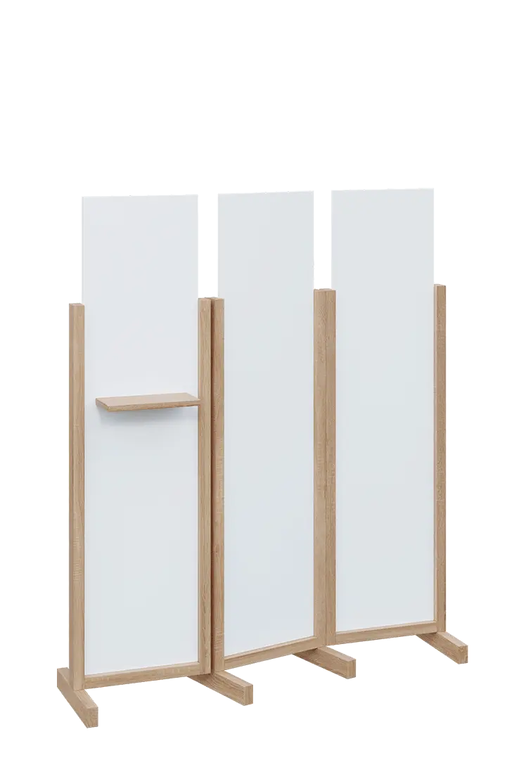 ATMOSFERE LINE 316, dřevěný 3-dílný paraván, mobilní, výška 1600 mm, rám dub bardolino, výplň bílá, polička