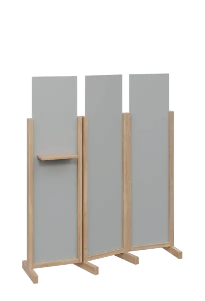 ATMOSFERE LINE 316, dřevěný 3-dílný paraván, mobilní, výška 1600 mm, rám dub bardolino, výplň šedá, polička