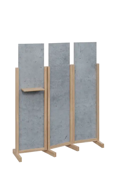ATMOSFERE LINE 316, dřevěný 3-dílný paraván, mobilní, výška 1600 mm, rám dub bardolino, výplň beton šedý, polička