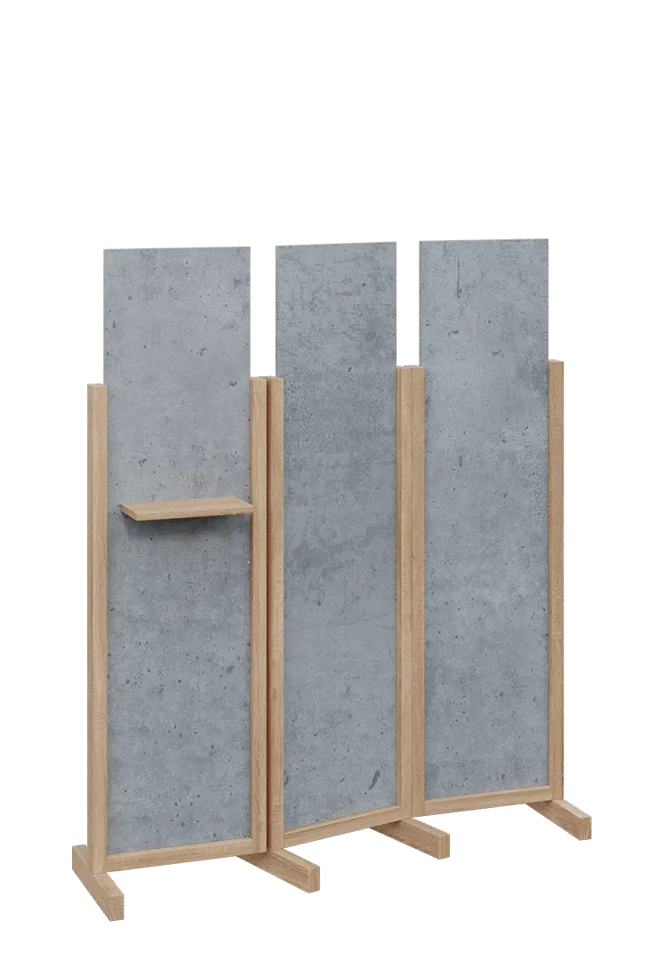 ATMOSFERE LINE 316, dřevěný 3-dílný paraván, mobilní, výška 1600 mm, rám dub bardolino, výplň beton šedý, polička