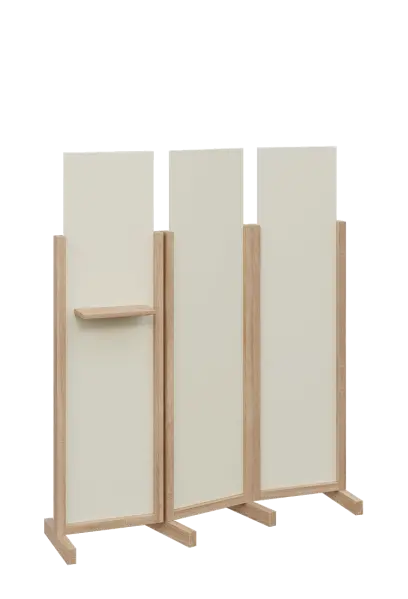 ATMOSFERE LINE 316, dřevěný 3-dílný paraván, mobilní, výška 1600 mm, rám dub bardolino, výplň smetanová, polička