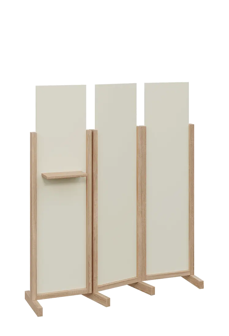 ATMOSFERE LINE 316, dřevěný 3-dílný paraván, mobilní, výška 1600 mm, rám dub bardolino, výplň smetanová, polička