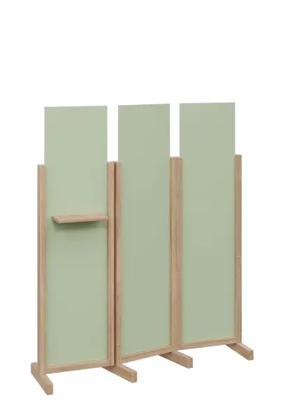ATMOSFERE LINE 316, dřevěný 3-dílný paraván, mobilní, výška 1600 mm, rám dub bardolino, výplň šedo-zelinkavá, polička