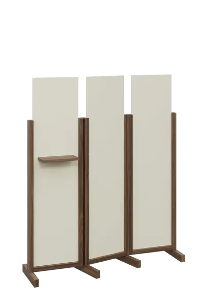 ATMOSFERE LINE 316, dřevěný 3-dílný paraván, mobilní, výška 1600 mm, rám ořech královský, výplň smetanová, polička