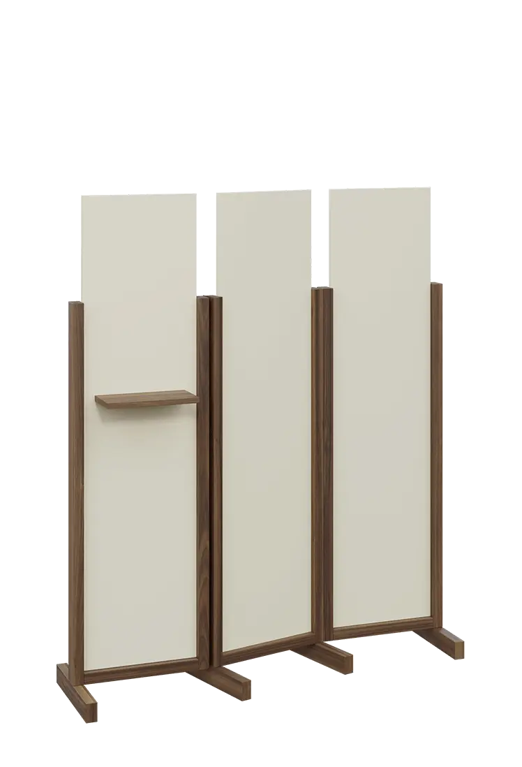 ATMOSFERE LINE 316, dřevěný 3-dílný paraván, mobilní, výška 1600 mm, rám ořech královský, výplň smetanová, polička