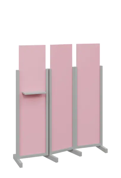 ATMOSFERE LINE 316, dřevěný 3-dílný paraván, mobilní, výška 1600 mm, rám šedá, výplň pastelově růžová, polička