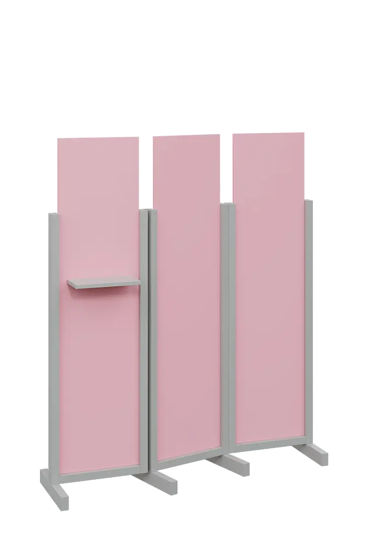 ATMOSFERE LINE 316, dřevěný 3-dílný paraván, mobilní, výška 1600 mm, rám šedá, výplň pastelově růžová, polička