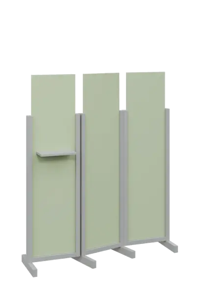 ATMOSFERE LINE 316, dřevěný 3-dílný paraván, mobilní, výška 1600 mm, rám šedá, výplň šedo-zelinkavá, polička