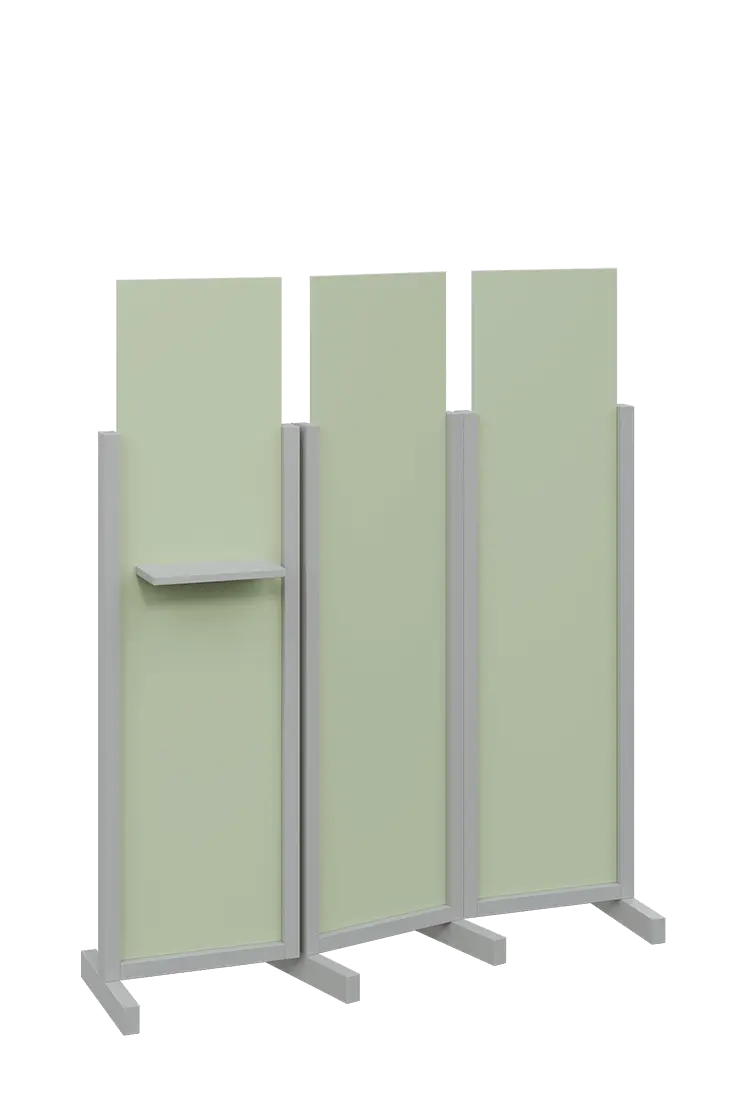 ATMOSFERE LINE 316, dřevěný 3-dílný paraván, mobilní, výška 1600 mm, rám šedá, výplň šedo-zelinkavá, polička