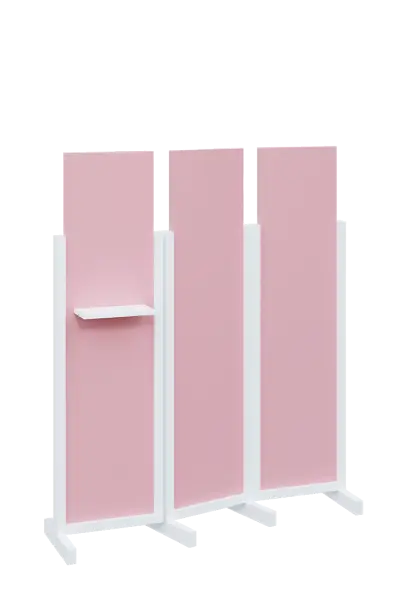 ATMOSFERE LINE 316, dřevěný 3-dílný paraván, mobilní, výška 1600 mm, rám bílá, výplň pastelově růžová, polička