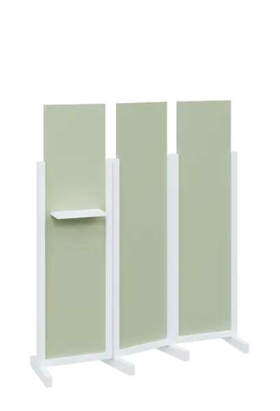 ATMOSFERE LINE 316, dřevěný 3-dílný paraván, mobilní, výška 1600 mm, rám bílá, výplň šedo-zelinkavá, polička