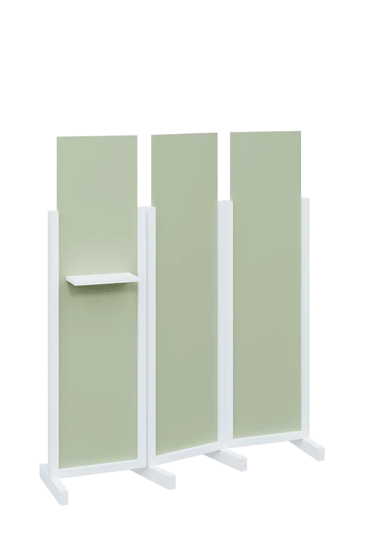 ATMOSFERE LINE 316, dřevěný 3-dílný paraván, mobilní, výška 1600 mm, rám bílá, výplň šedo-zelinkavá, polička