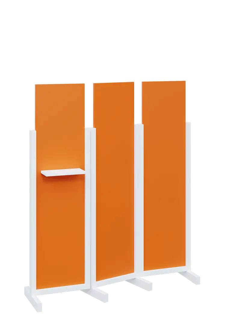 ATMOSFERE LINE 316, dřevěný 3-dílný paraván, mobilní, výška 1600 mm, rám bílá, výplň pomeranč, polička