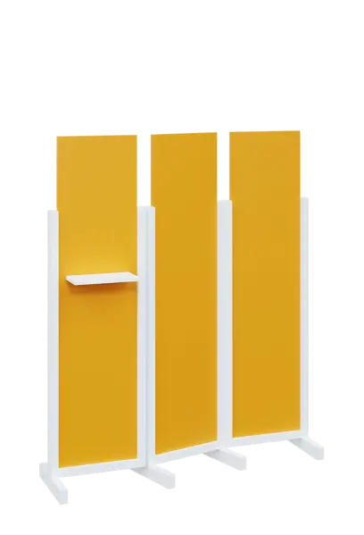 ATMOSFERE LINE 316, dřevěný 3-dílný paraván, mobilní, výška 1600 mm, rám bílá, výplň žlutá odio, polička