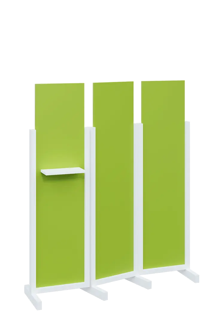 ATMOSFERE LINE 316, dřevěný 3-dílný paraván, mobilní, výška 1600 mm, rám bílá, výplň jarní zeleň, polička