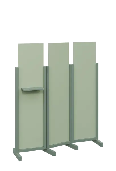 ATMOSFERE LINE 316, dřevěný 3-dílný paraván, mobilní, výška 1600 mm, rám industrial green, výplň pistáciově zelená, polička