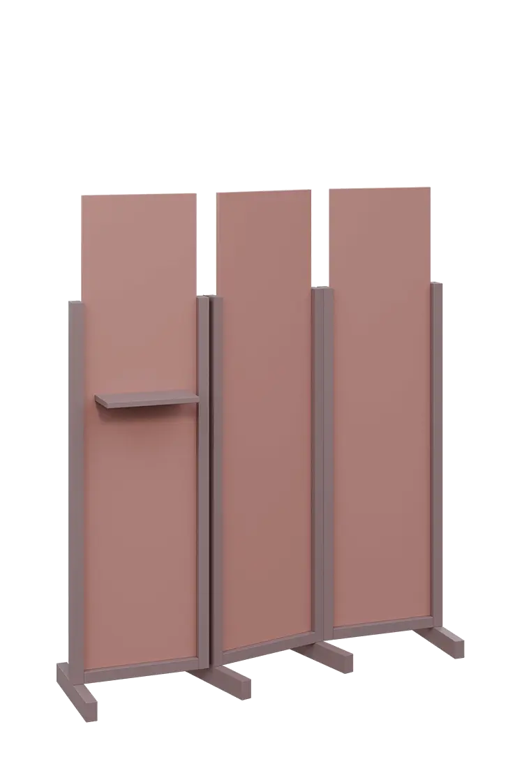 ATMOSFERE LINE 316, dřevěný 3-dílný paraván, mobilní, výška 1600 mm, rám sandy lilac, výplň antická růžová, polička