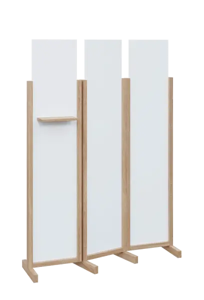 ATMOSFERE LINE 319, dřevěný 3-dílný paraván, mobilní, výška 1900 mm, rám dub bardolino, výplň bílá, polička
