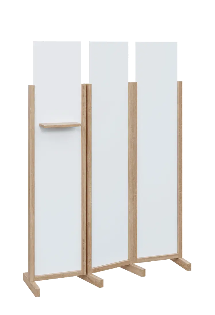 ATMOSFERE LINE 319, dřevěný 3-dílný paraván, mobilní, výška 1900 mm, rám dub bardolino, výplň bílá, polička