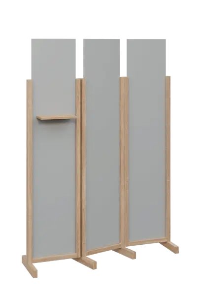 ATMOSFERE LINE 319, dřevěný 3-dílný paraván, mobilní, výška 1900 mm, rám dub bardolino, výplň šedá, polička