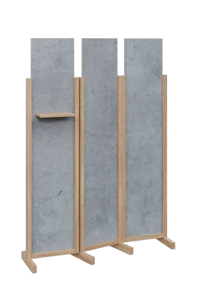ATMOSFERE LINE 319, dřevěný 3-dílný paraván, mobilní, výška 1900 mm, rám dub bardolino, výplň beton šedý, polička