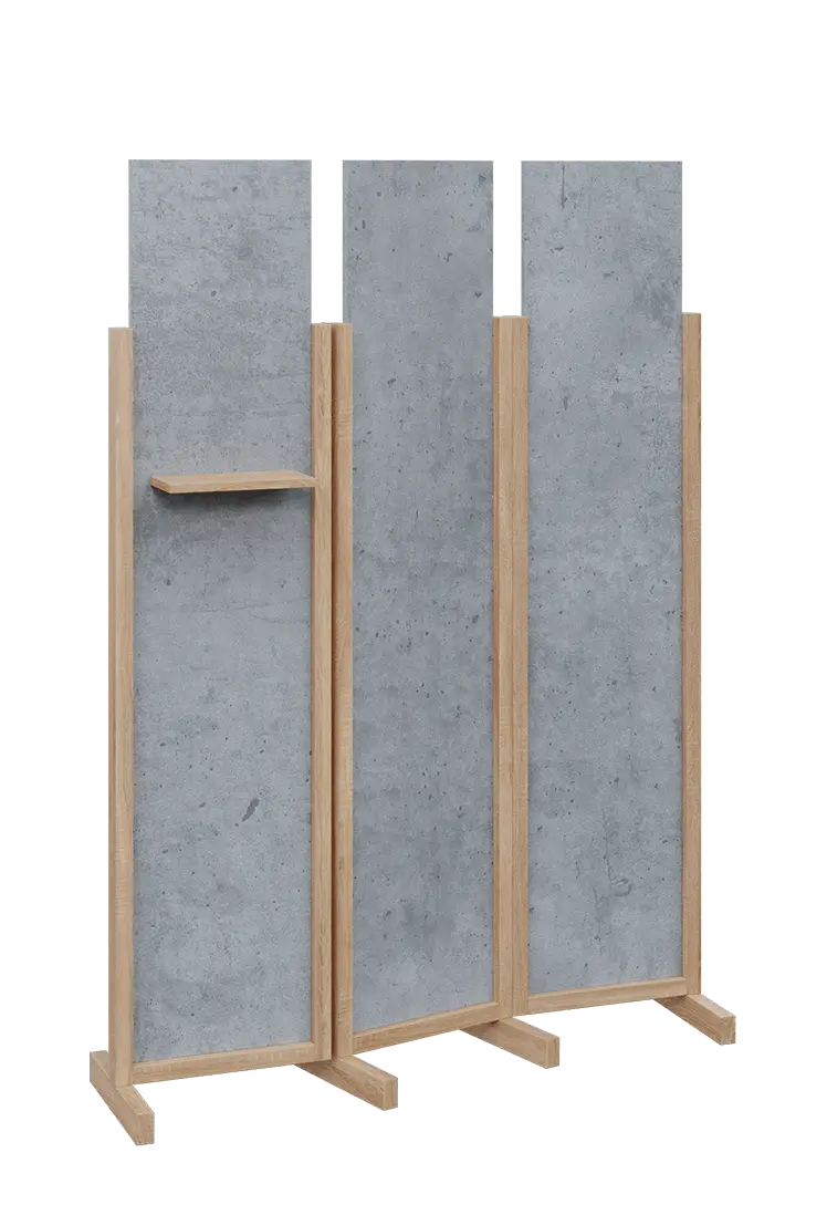 ATMOSFERE LINE 319, dřevěný 3-dílný paraván, mobilní, výška 1900 mm, rám dub bardolino, výplň beton šedý, polička