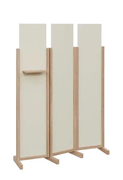 ATMOSFERE LINE 319, dřevěný 3-dílný paraván, mobilní, výška 1900 mm, rám dub bardolino, výplň smetanová, polička