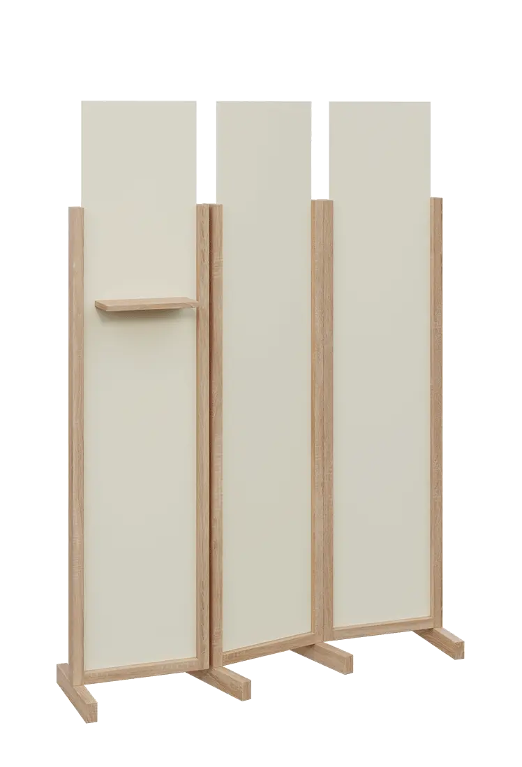 ATMOSFERE LINE 319, dřevěný 3-dílný paraván, mobilní, výška 1900 mm, rám dub bardolino, výplň smetanová, polička