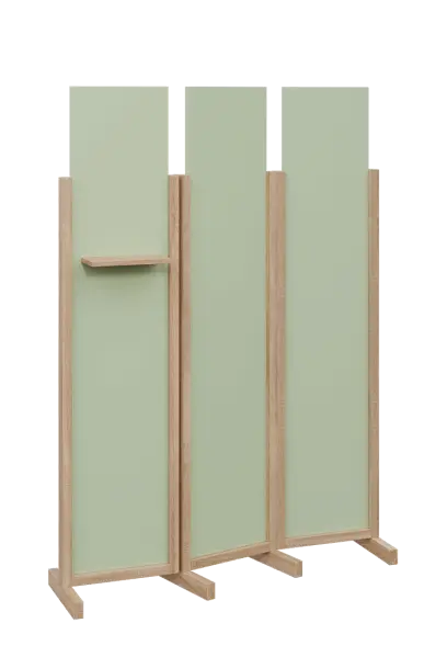 ATMOSFERE LINE 319, dřevěný 3-dílný paraván, mobilní, výška 1900 mm, rám dub bardolino, výplň šedo-zelinkavá, polička