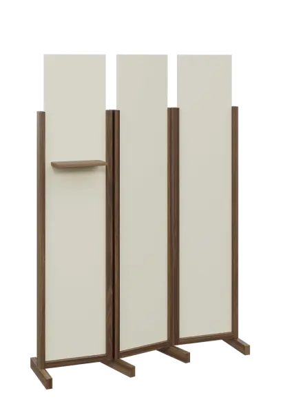 ATMOSFERE LINE 319, dřevěný 3-dílný paraván, mobilní, výška 1900 mm, rám ořech královský, výplň smetanová, polička