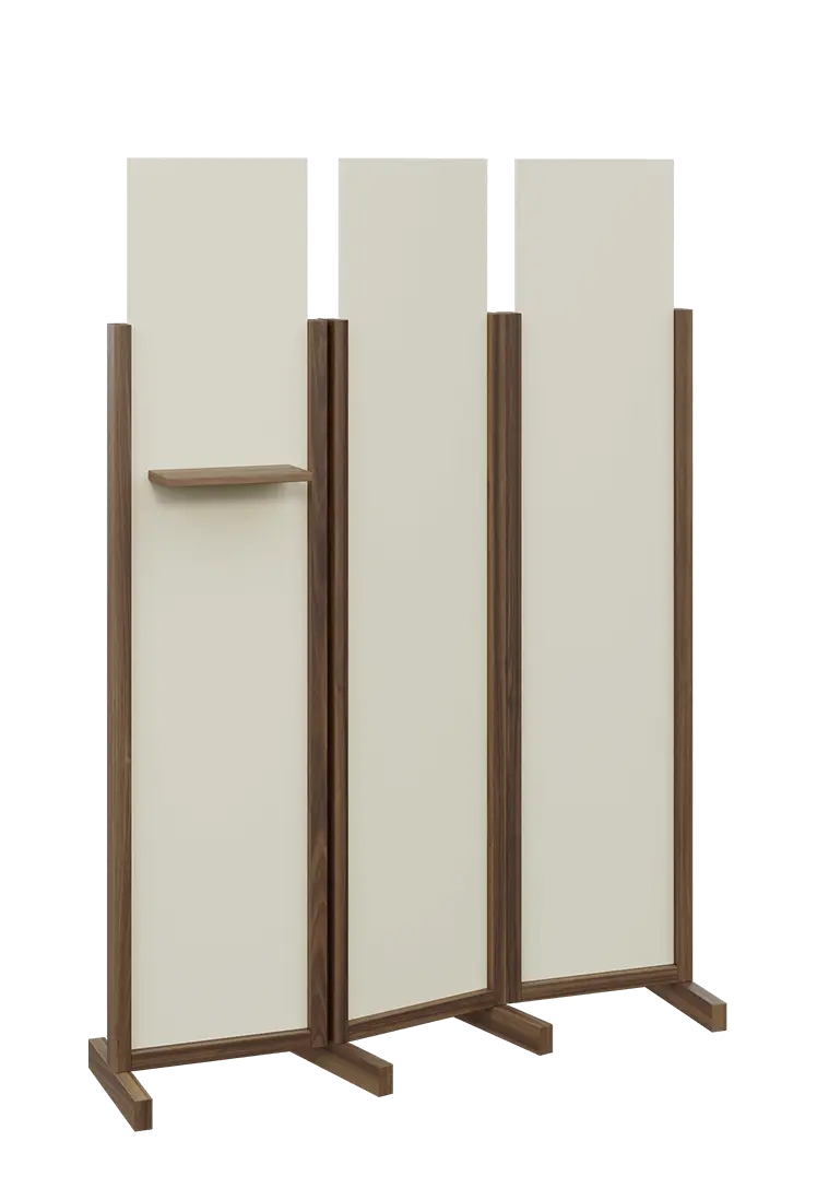 ATMOSFERE LINE 319, dřevěný 3-dílný paraván, mobilní, výška 1900 mm, rám ořech královský, výplň smetanová, polička