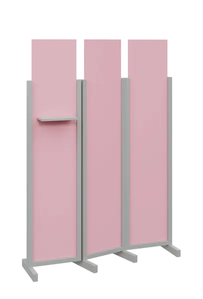 ATMOSFERE LINE 319, dřevěný 3-dílný paraván, mobilní, výška 1900 mm, rám šedá, výplň pastelově růžová, polička