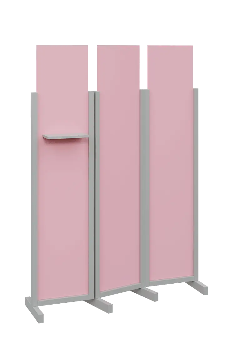 ATMOSFERE LINE 319, dřevěný 3-dílný paraván, mobilní, výška 1900 mm, rám šedá, výplň pastelově růžová, polička