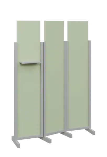 ATMOSFERE LINE 319, dřevěný 3-dílný paraván, mobilní, výška 1900 mm, rám šedá, výplň šedo-zelinkavá, polička