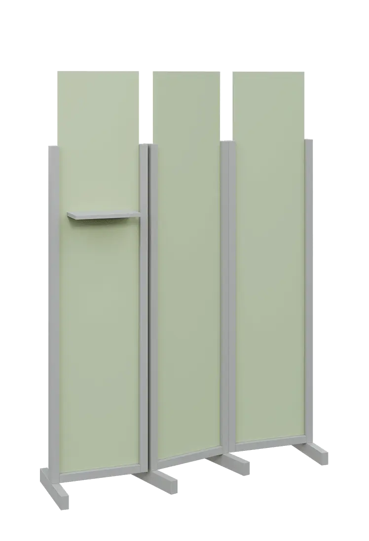 ATMOSFERE LINE 319, dřevěný 3-dílný paraván, mobilní, výška 1900 mm, rám šedá, výplň šedo-zelinkavá, polička