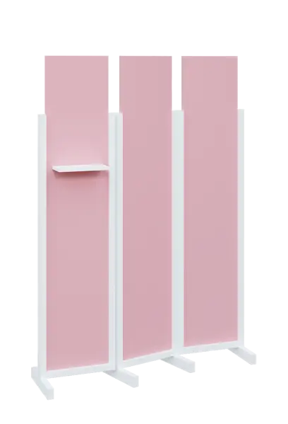ATMOSFERE LINE 319, dřevěný 3-dílný paraván, mobilní, výška 1900 mm, rám bílá, výplň pastelově růžová, polička