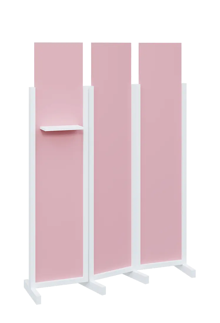 ATMOSFERE LINE 319, dřevěný 3-dílný paraván, mobilní, výška 1900 mm, rám bílá, výplň pastelově růžová, polička