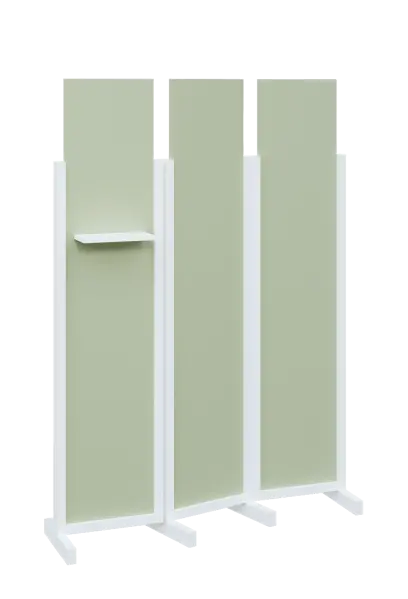 ATMOSFERE LINE 319, dřevěný 3-dílný paraván, mobilní, výška 1900 mm, rám bílá, výplň šedo-zelinkavá, polička