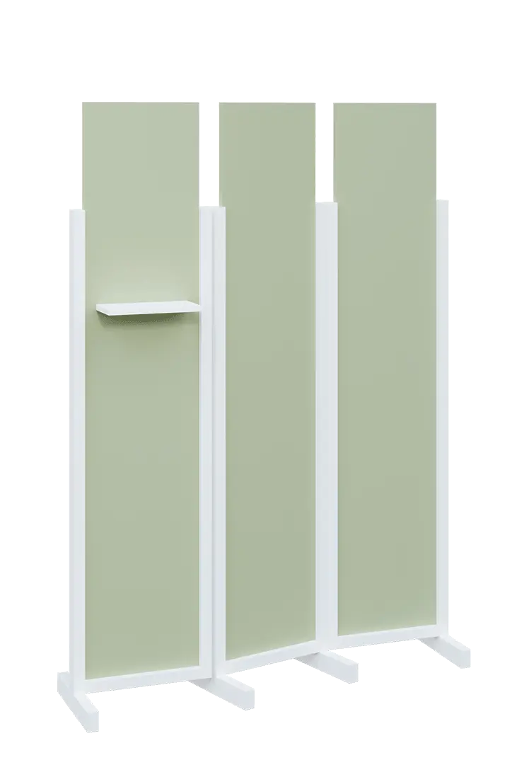 ATMOSFERE LINE 319, dřevěný 3-dílný paraván, mobilní, výška 1900 mm, rám bílá, výplň šedo-zelinkavá, polička