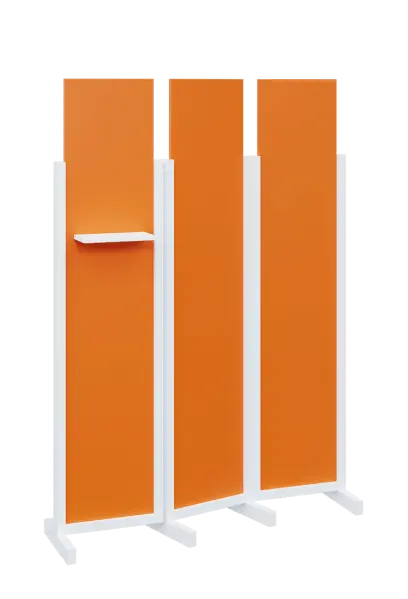 ATMOSFERE LINE 319, dřevěný 3-dílný paraván, mobilní, výška 1900 mm, rám bílá, výplň pomeranč, polička