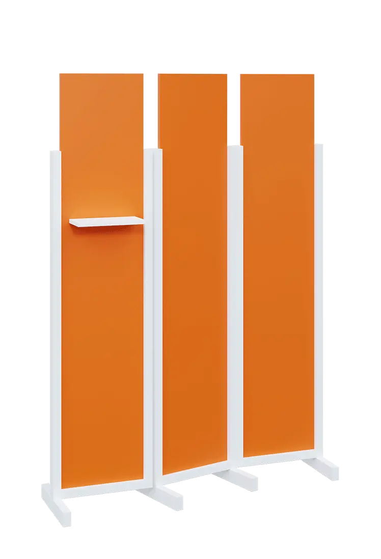 ATMOSFERE LINE 319, dřevěný 3-dílný paraván, mobilní, výška 1900 mm, rám bílá, výplň pomeranč, polička