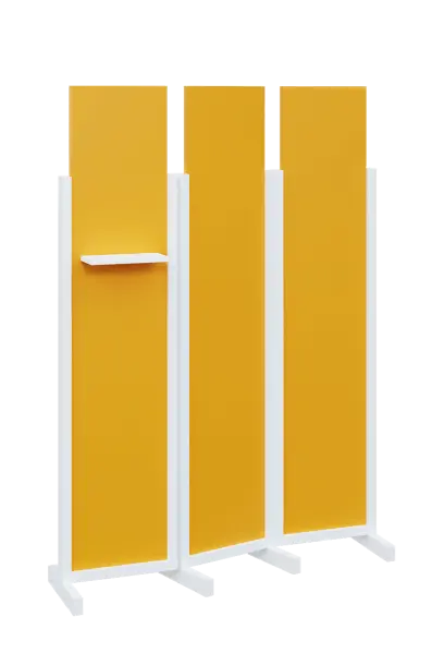 ATMOSFERE LINE 319, dřevěný 3-dílný paraván, mobilní, výška 1900 mm, rám bílá, výplň žlutá odio, polička