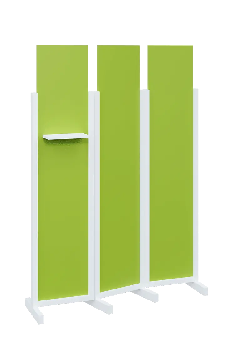 ATMOSFERE LINE 319, dřevěný 3-dílný paraván, mobilní, výška 1900 mm, rám bílá, výplň jarní zeleň, polička